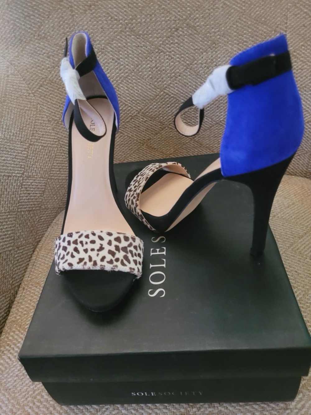 Sole Society Blue Suede & Leopard Print Ankle Strap Heels